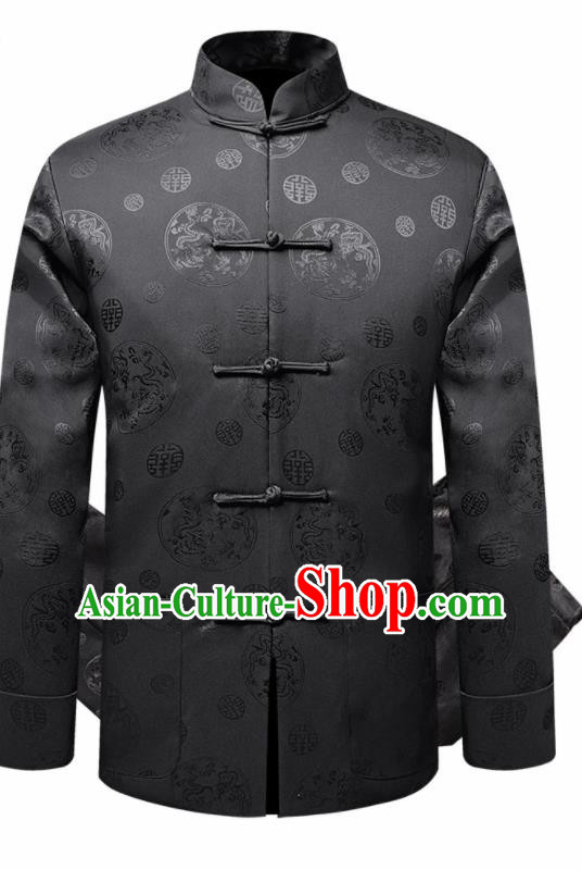 Traditional Chinese Dragon Pattern Black Brocade Cotton Padded Coat New Year Tang Suit Overcoat for Old Men