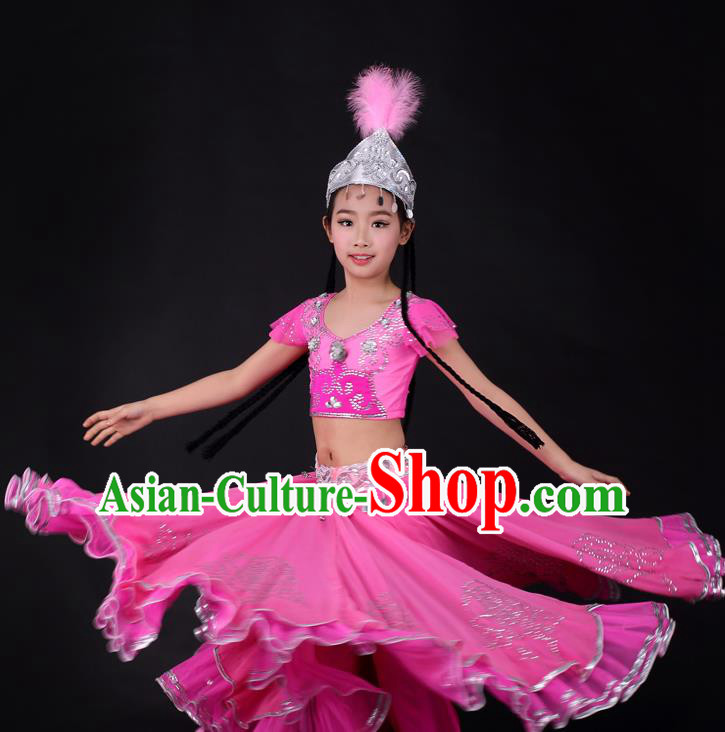 Traditional Chinese Child Xinjiang Uyghur Minority Rosy Dress Ethnic Folk Dance Costume for Kids