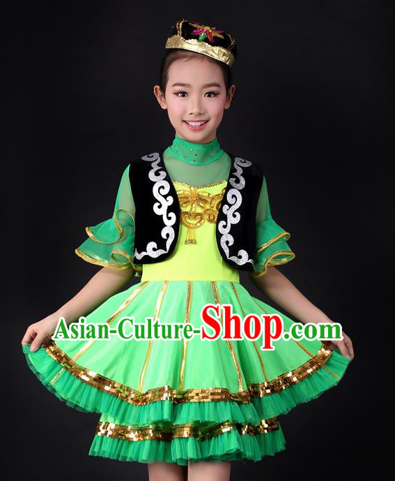 Traditional Chinese Child Xinjiang Uyghur Nationality Green Dress Ethnic Minority Folk Dance Costume for Kids