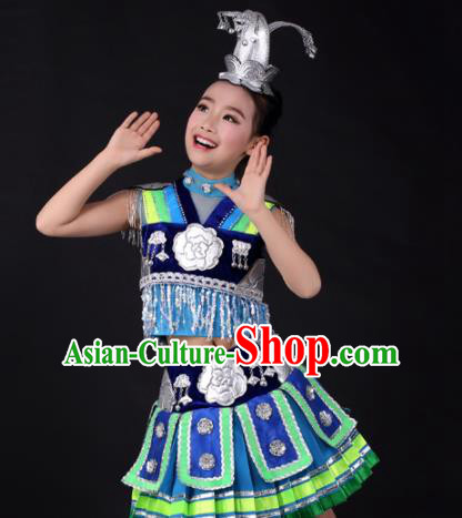 Traditional Chinese Child Miao Nationality Royalblue Short Skirt Ethnic Minority Folk Dance Costume and Headpiece for Kids