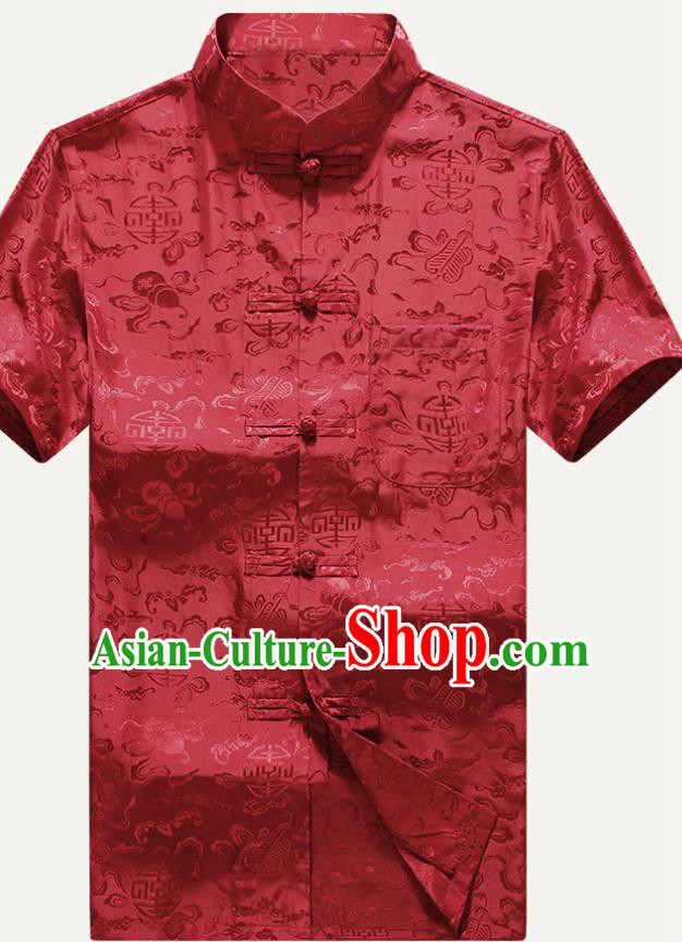 Traditional Chinese Tang Suit Red Silk Shirt Tai Chi Training Costumes for Old Men