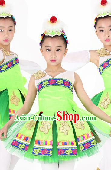 Traditional Chinese Child Mongol Nationality Green Dress Ethnic Minority Folk Dance Costume for Kids
