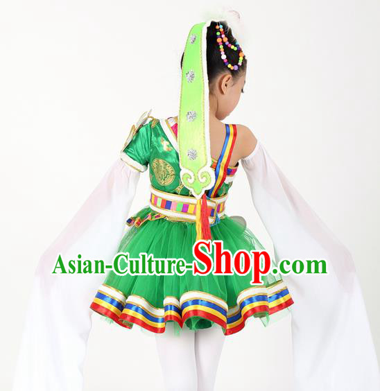 Traditional Chinese Child Zang Nationality Green Short Dress Ethnic Minority Folk Dance Costume for Kids