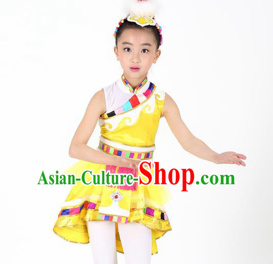 Traditional Chinese Child Zang Nationality Yellow Veil Short Dress Ethnic Minority Folk Dance Costume for Kids