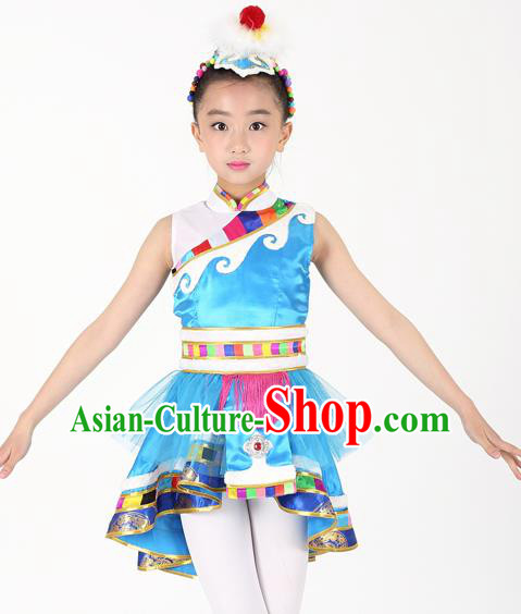 Traditional Chinese Child Zang Nationality Blue Veil Short Dress Ethnic Minority Folk Dance Costume for Kids