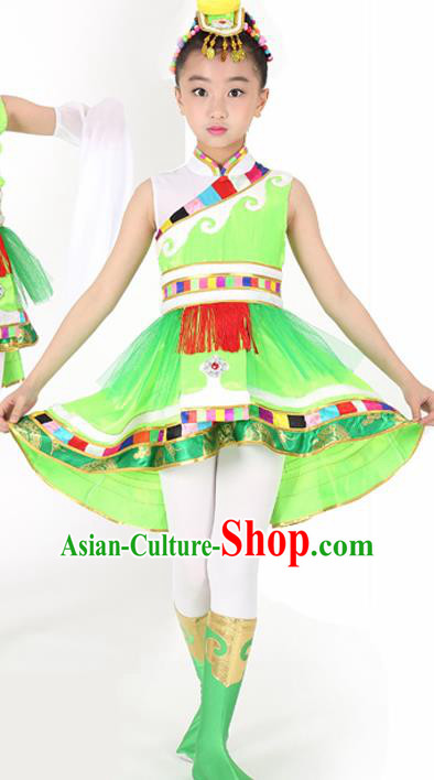 Traditional Chinese Child Zang Nationality Green Veil Short Dress Ethnic Minority Folk Dance Costume for Kids