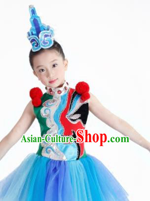 Traditional Chinese Children Classical Dance Blue Clothing Stage Show Costume for Kids