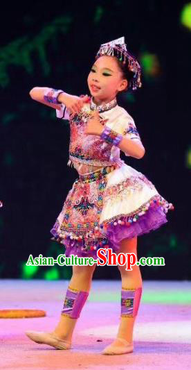 Traditional Chinese Child Yi Nationality Short Skirt Ethnic Minority Folk Dance Costume for Kids