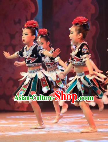 Traditional Chinese Child Dong Nationality Black Short Skirt Ethnic Minority Folk Dance Costume for Kids
