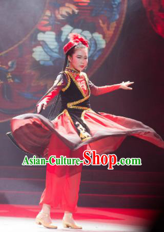 Traditional Chinese Child Xinjiang Uyghur Nationality Dress Ethnic Minority Folk Dance Costume for Kids