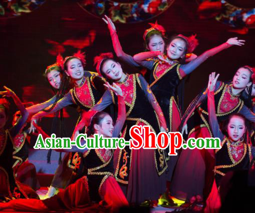 Traditional Chinese Child Xinjiang Uyghur Nationality Dress Ethnic Minority Folk Dance Costume for Kids