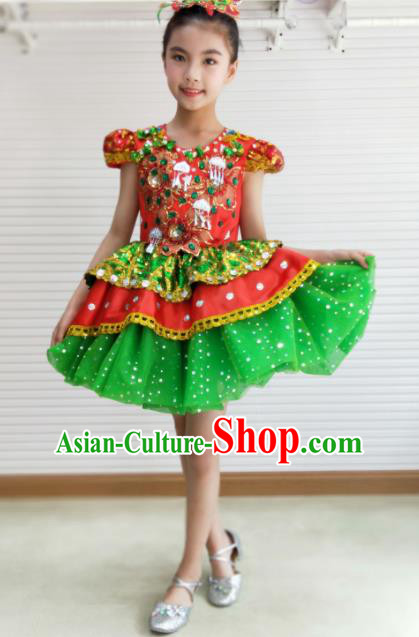 Traditional Chinese Children Opening Dance Green Short Dress Stage Show Costume for Kids