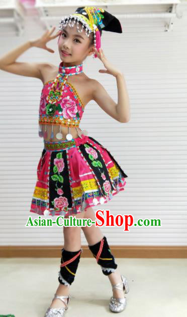 Traditional Chinese Child Yi Nationality Pink Skirt Ethnic Minority Folk Dance Costume for Kids