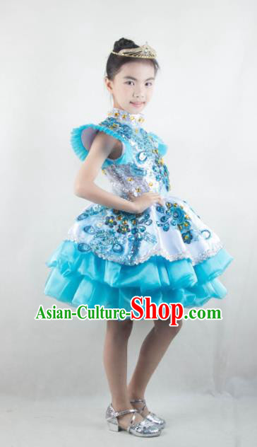 Traditional Chinese Children Classical Dance Blue Short Dress Stage Show Costume for Kids
