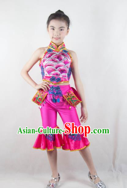 Traditional Chinese Folk Dance Rosy Outfits Spring Festival Fan Dance Yangko Dance Stage Show Costume for Kids