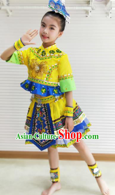 Traditional Chinese She Nationality Child Yellow Dress Ethnic Minority Folk Dance Costume for Kids