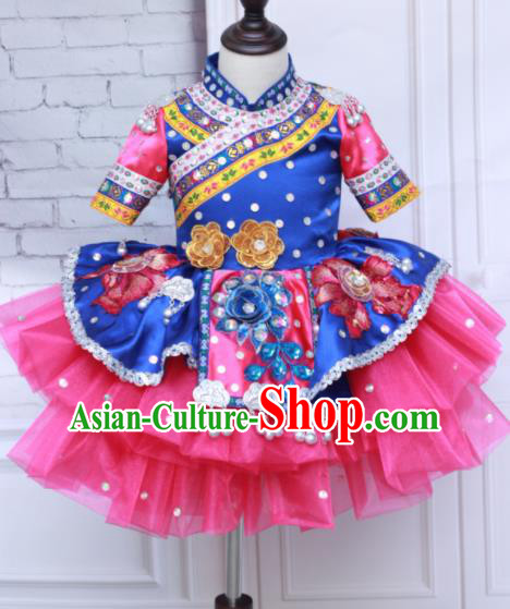 Traditional Chinese Tujia Nationality Child Rosy Dress Ethnic Minority Folk Dance Costume for Kids