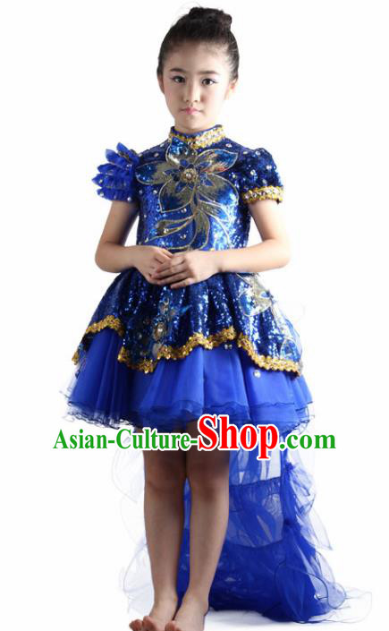 Traditional Chinese Children Classical Dance Royalblue Veil Trailing Dress Stage Show Costume for Kids