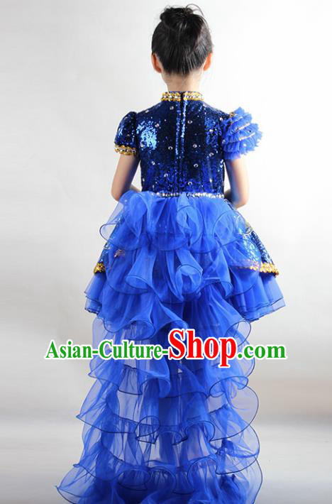 Traditional Chinese Children Classical Dance Royalblue Veil Trailing Dress Stage Show Costume for Kids