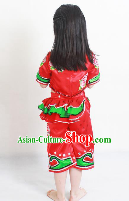 Traditional Chinese Folk Dance Red Satin Outfits Spring Festival Fan Dance Yangko Dance Stage Show Costume for Kids