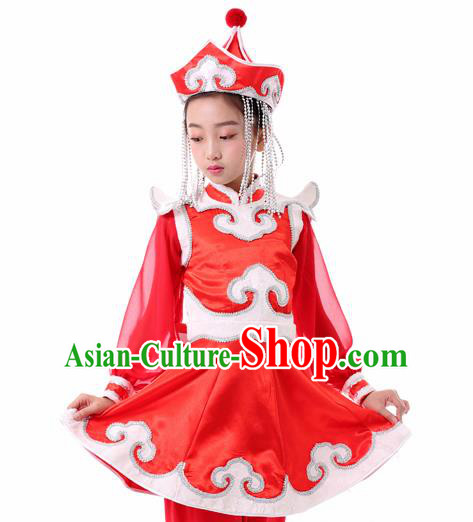 Traditional Chinese Child Mongol Nationality Red Clothing Ethnic Minority Folk Dance Costume for Kids