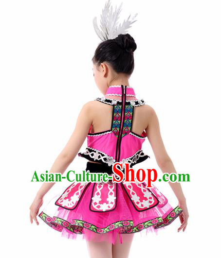 Traditional Chinese Child Miao Nationality Rosy Skirt Ethnic Minority Folk Dance Costume for Kids