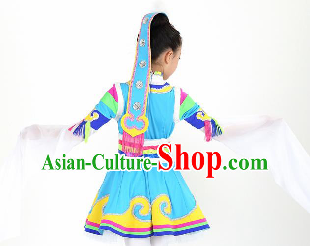 Traditional Chinese Child Zang Nationality Blue Skirt Ethnic Minority Folk Dance Costume for Kids