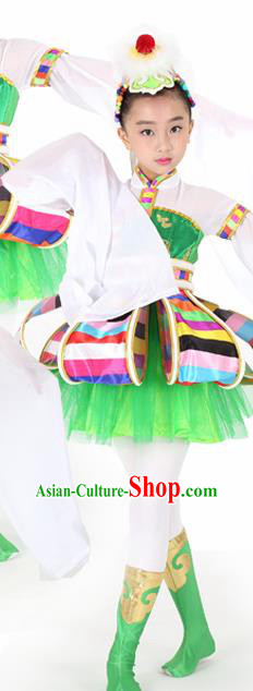 Traditional Chinese Child Tibetan Nationality Green Dress Ethnic Minority Folk Dance Costume for Kids