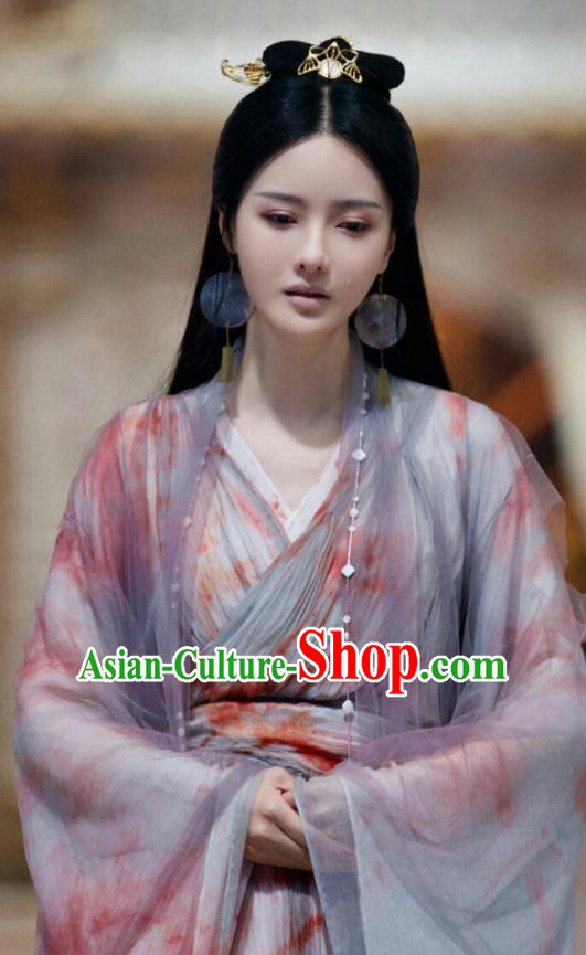 Chinese Ancient Swordswoman Grey Dress Drama Love and Destiny Princess Qing Yao Zhang Zhixi Costumes and Headpiece for Women