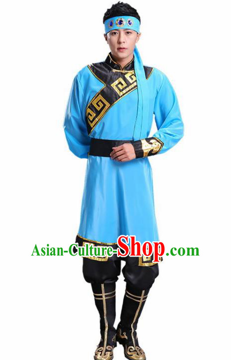 Traditional Chinese Mongol Nationality Blue Clothing Ethnic Minority Folk Dance Costume for Men