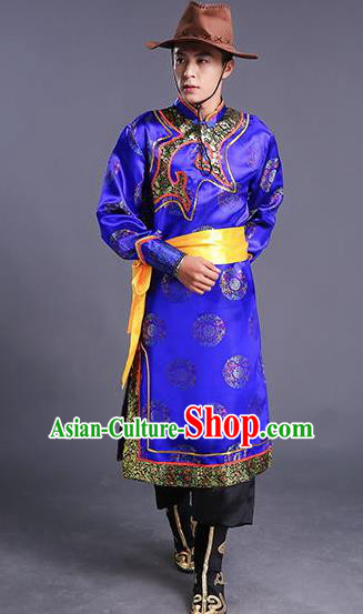 Traditional Chinese Mongol Nationality Royalblue Clothing Ethnic Minority Folk Dance Costume for Men