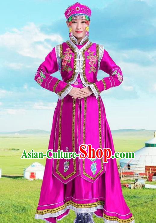 Traditional Chinese Mongol Nationality Rosy Dress Ethnic Minority Folk Dance Costume for Women