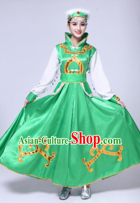 Traditional Chinese Mongol Nationality Princess Green Dress Ethnic Minority Folk Dance Costume for Women