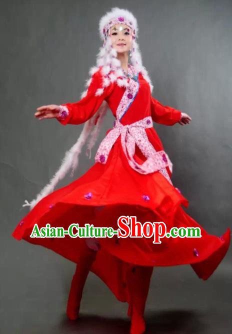 Traditional Chinese Mongol Nationality Princess Red Dress Ethnic Minority Folk Dance Costume for Women