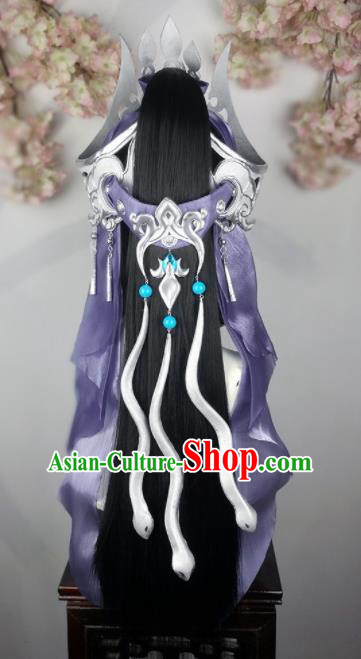 Traditional Chinese Cosplay Fairy Wigs Sheath Ancient Female Swordsman Chignon and Hair Accessories for Women