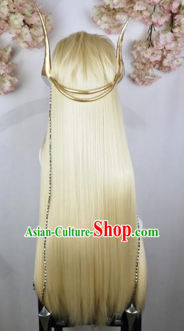 Traditional Chinese Cosplay Swordsman Golden Wigs Sheath Ancient Taoist Chignon and Hair Accessories for Men