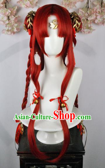 Traditional Chinese Cosplay Fairy Red Wigs Sheath Ancient Female Swordsman Chignon and Hair Accessories for Women