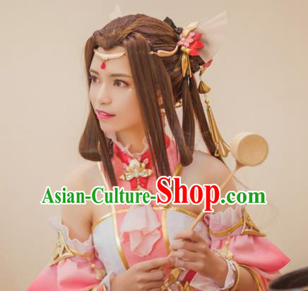 Traditional Chinese Cosplay Fairy Princess Brown Wigs Sheath Ancient Female Swordsman Chignon and Hair Accessories for Women