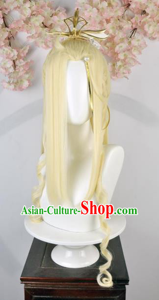 Traditional Chinese Cosplay Swordsman Yellow Wigs Sheath Ancient Taoist Prince Chignon for Men