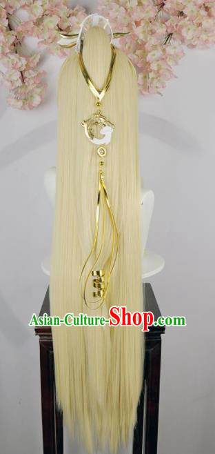 Traditional Chinese Cosplay Swordsman Yellow Wigs Sheath Ancient Taoist Prince Chignon for Men