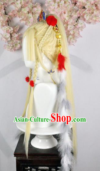 Traditional Chinese Cosplay Fairy Princess Golden Wigs Sheath Ancient Court Lady Chignon and Hair Accessories for Women