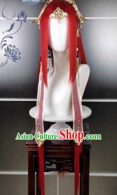 Traditional Chinese Cosplay Goddess Female Swordsman Red Wigs Sheath Ancient Princess Chignon and Hair Accessories for Women