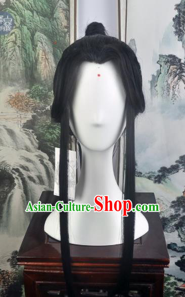 Traditional Chinese Cosplay Swordsman Chang Qin Wigs Sheath Ancient Taoist Prince Chignon for Men