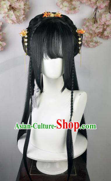 Traditional Chinese Cosplay Flowers Goddess Wigs Sheath and Hairpins Ancient Female Swordsman Princess Chignon for Women