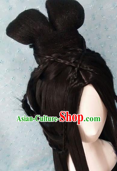 Traditional Chinese Cosplay Princess Feng Jiu Black Long Wigs Sheath Ancient Female Swordsman Chignon for Women