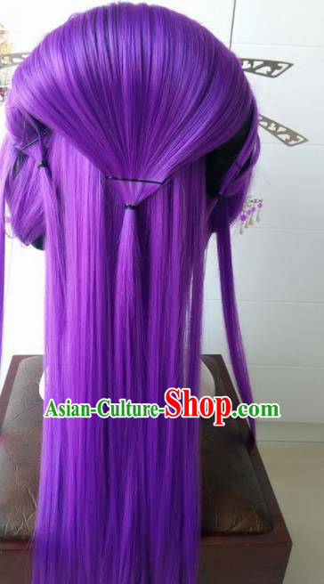 Traditional Chinese Cosplay Princess Purple Long Wigs Sheath Ancient Female Swordsman Chignon for Women
