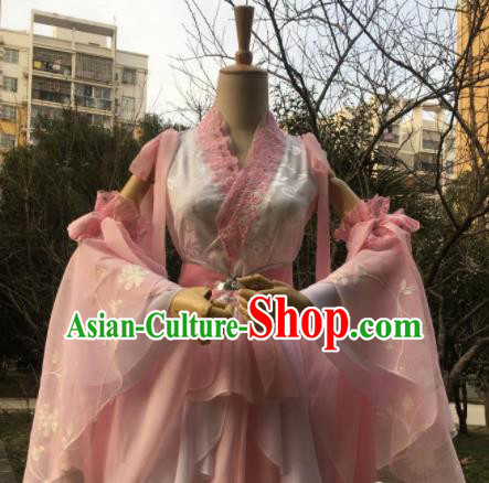 Traditional Chinese Cosplay Female Swordsman Pink Short Dress Ancient Drama Fairy Costumes for Women