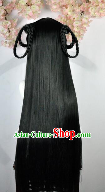 Traditional Chinese Cosplay Swordsman Black Long Wigs Sheath Ancient Goddess Chignon for Women