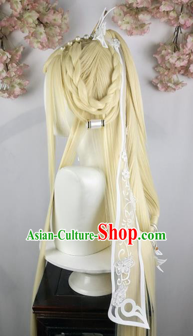 Traditional Chinese Cosplay Swordsman Golden Wigs Sheath and Hair Accessories Ancient Goddess Chignon for Women