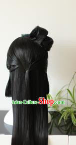 Traditional Chinese Cosplay Princess Xiao Qiao Black Long Wigs Sheath Ancient Female Swordsman Chignon for Women